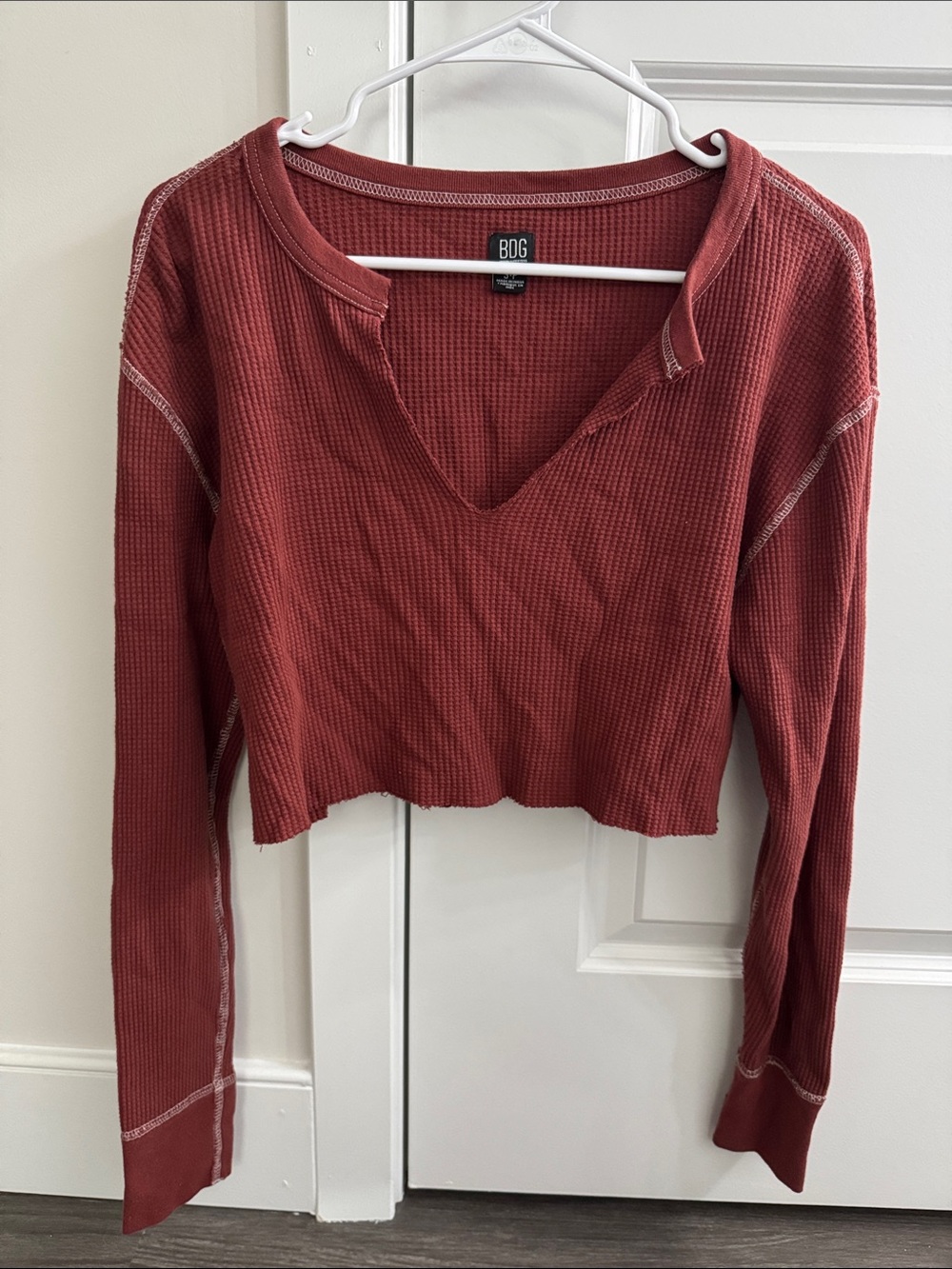 BDG Cropped Waffle Long-Sleeve Top — Rust Red